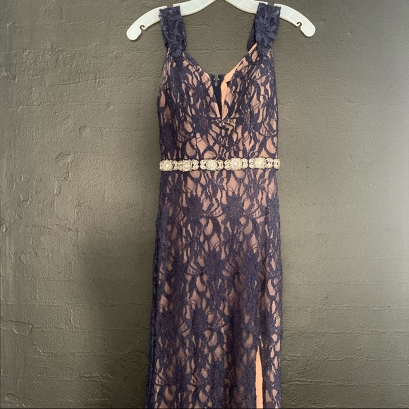 Long Navy Blue and Beige Dress - Picture 3 of 4